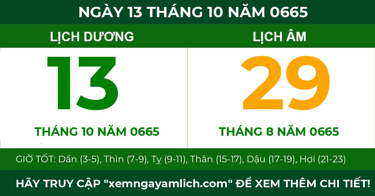 lịch âm ngày 13 tháng 10 năm 0665