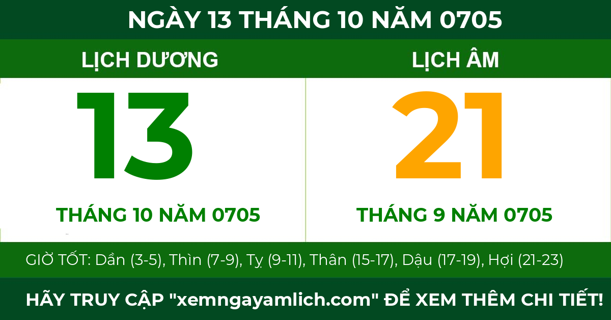 lịch âm ngày 13 tháng 10 năm 0705