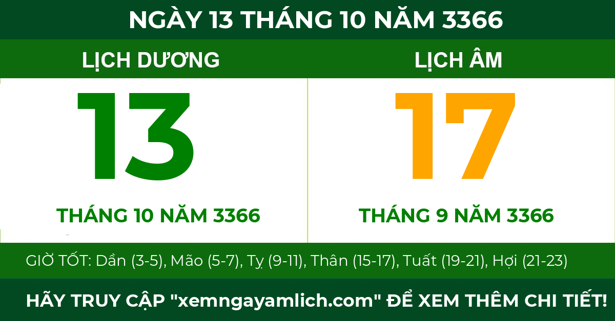 lịch âm ngày 13 tháng 10 năm 3366