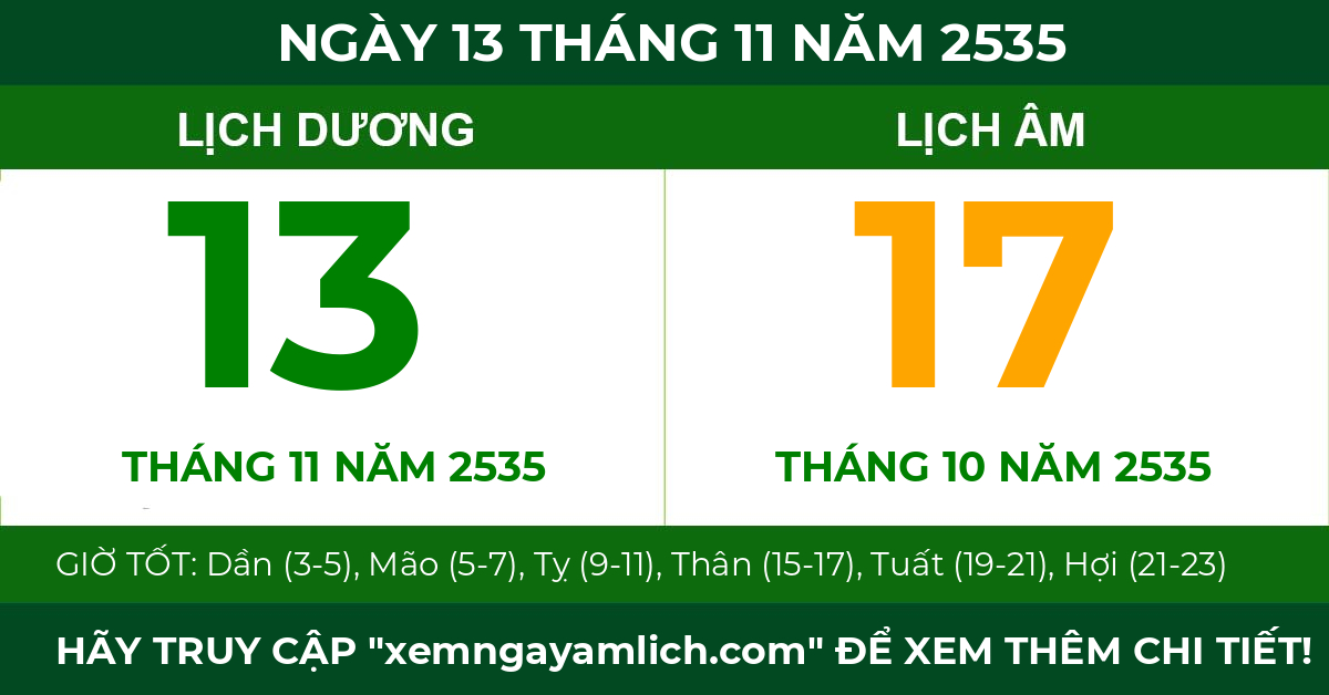 lịch âm ngày 13 tháng 11 năm 2535