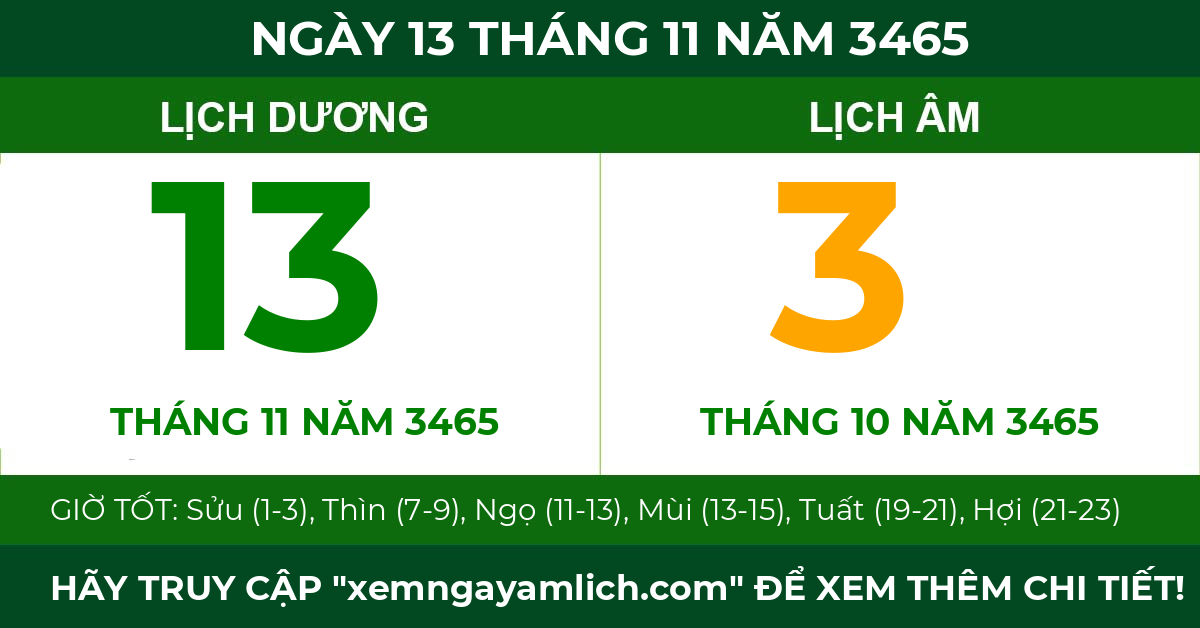lịch âm ngày 13 tháng 11 năm 3465
