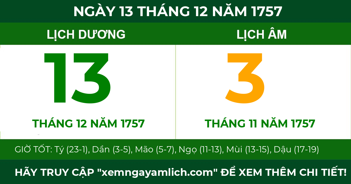 lịch âm ngày 13 tháng 12 năm 1757