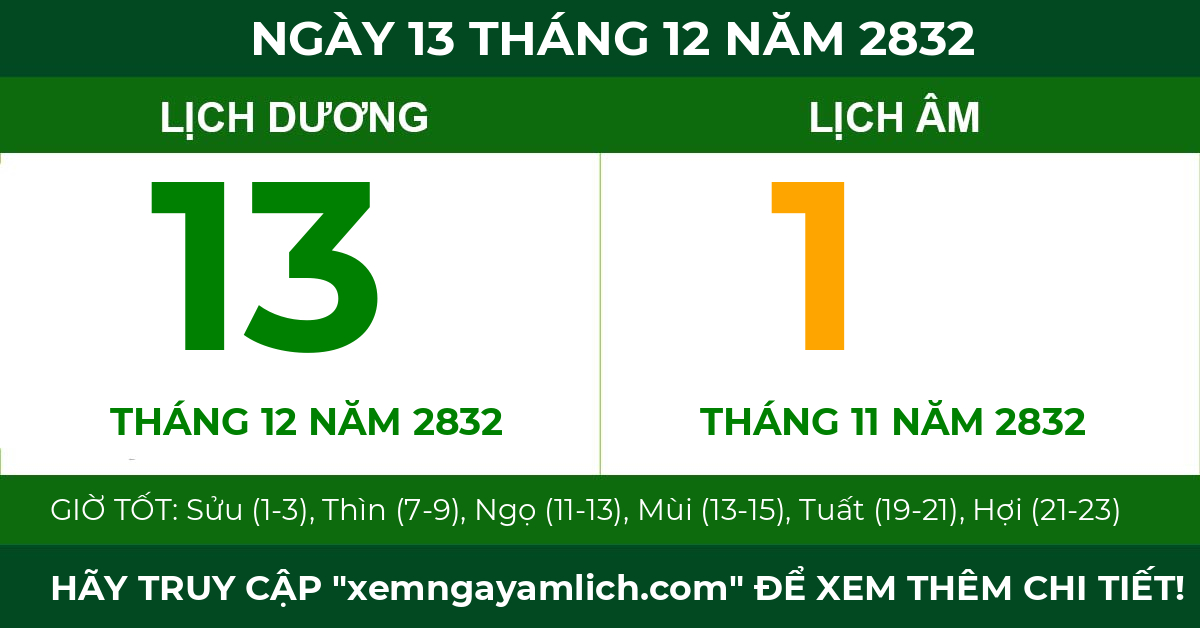 lịch âm ngày 13 tháng 12 năm 2832