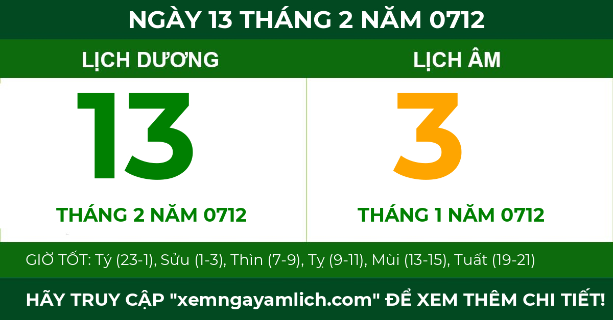 lịch âm ngày 13 tháng 2 năm 0712