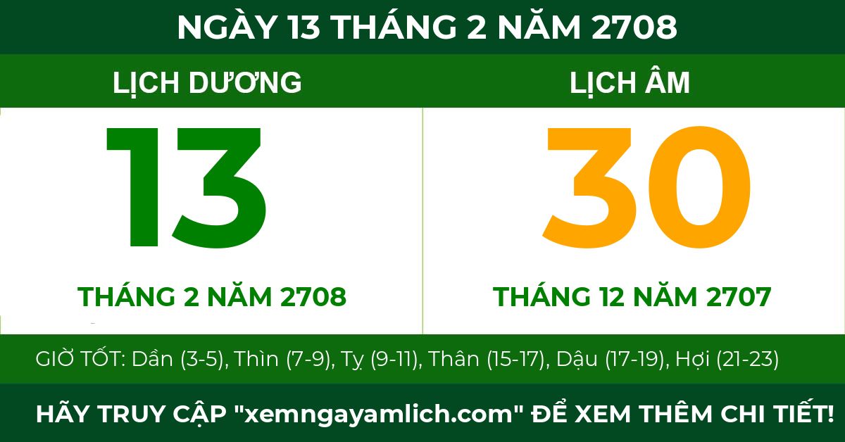 lịch âm ngày 13 tháng 2 năm 2708