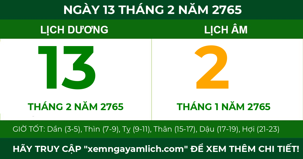 lịch âm ngày 13 tháng 2 năm 2765