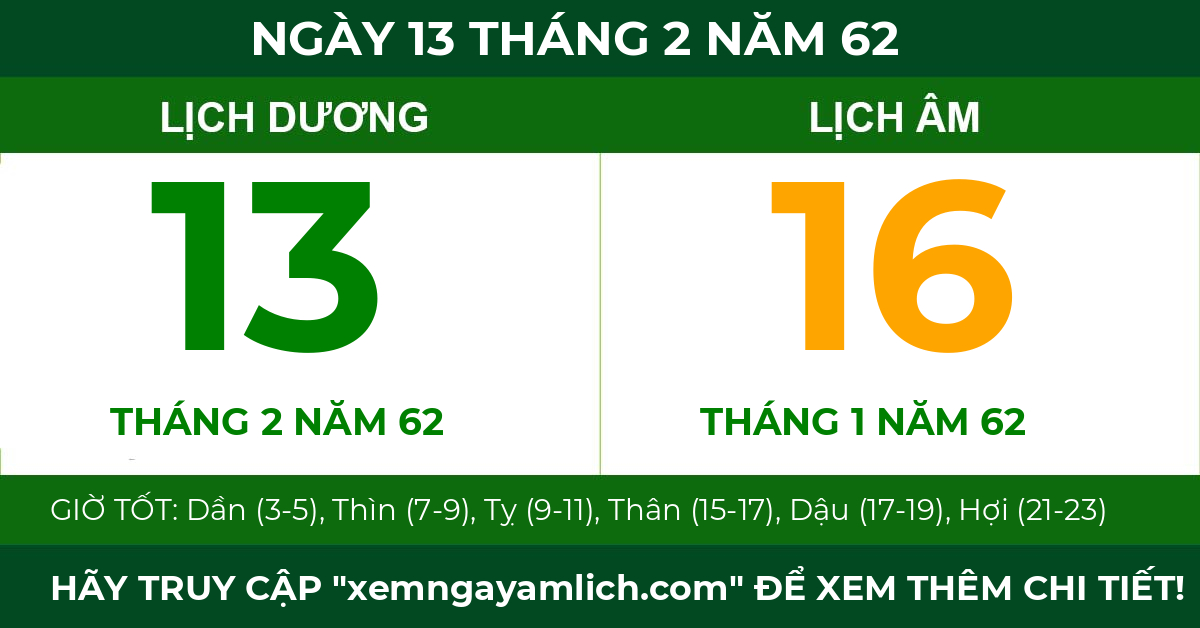 lịch âm ngày 13 tháng 2 năm 62