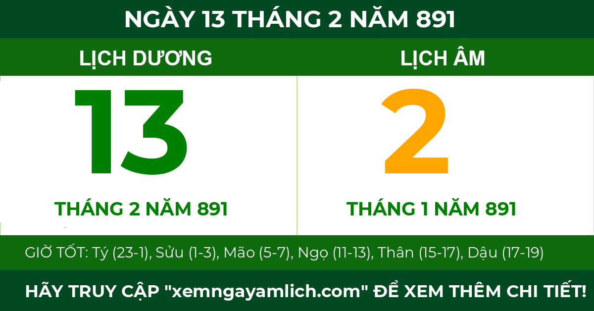 lịch âm ngày 13 tháng 2 năm 891