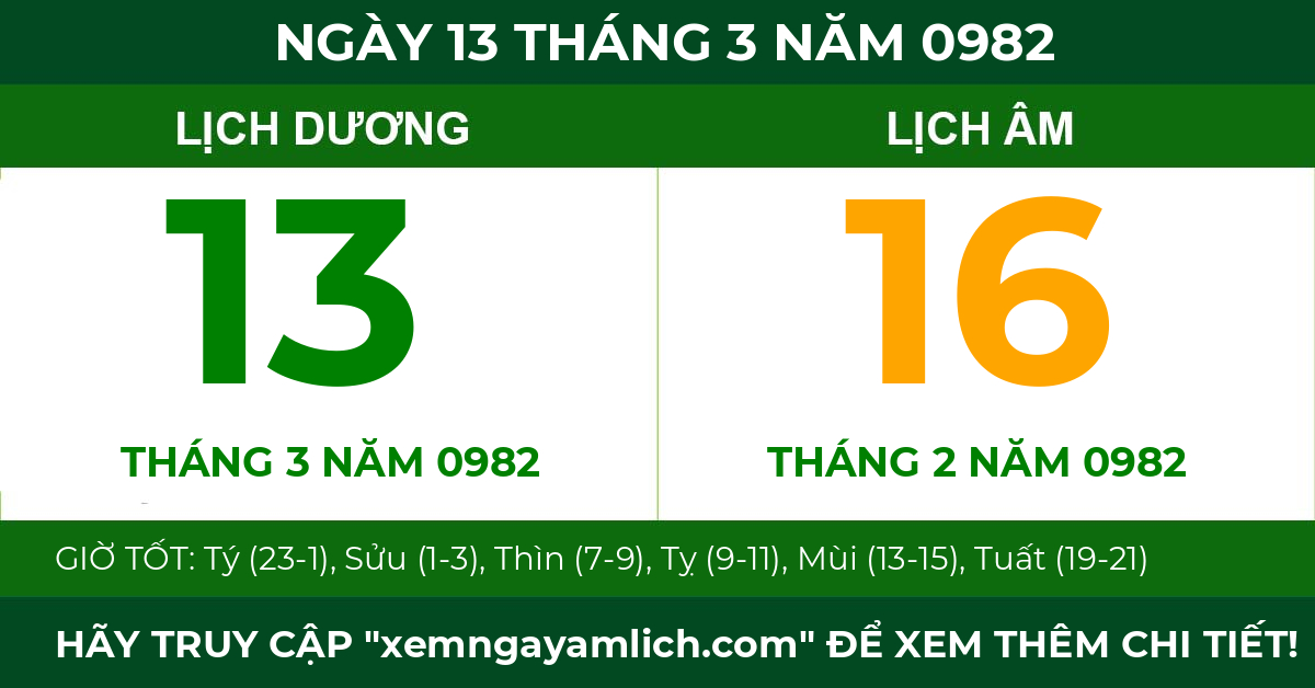 lịch âm ngày 13 tháng 3 năm 0982