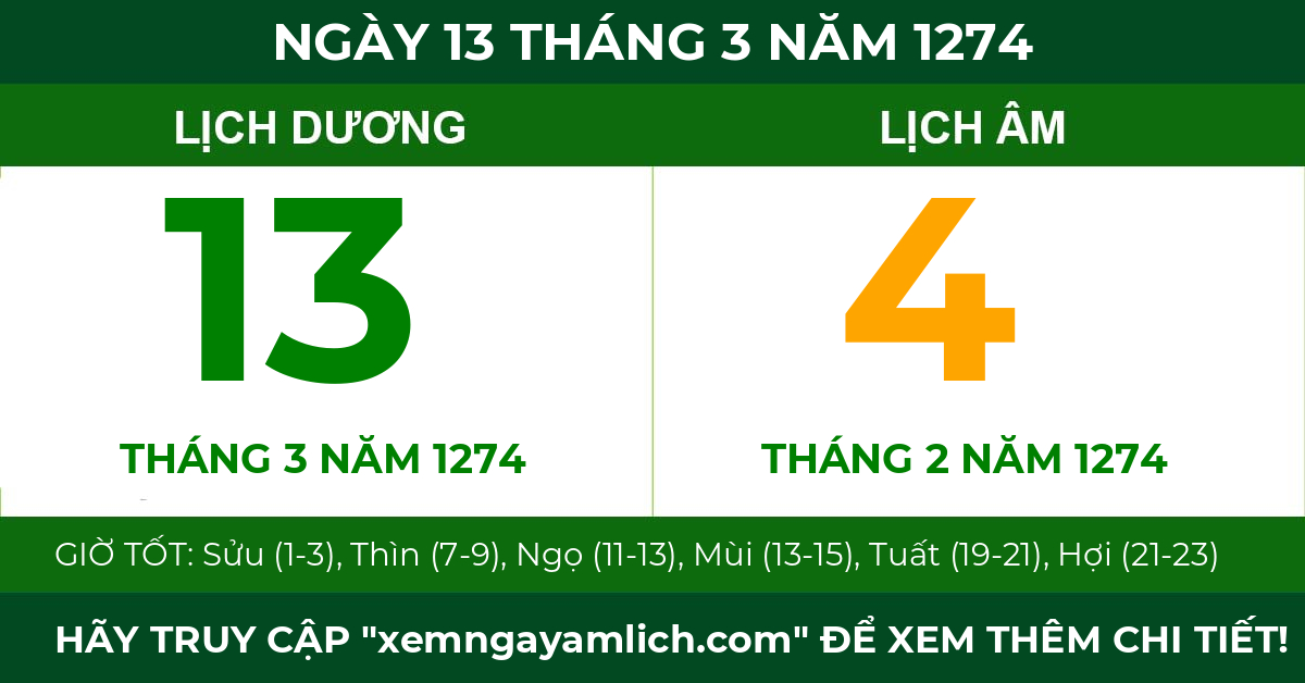 lịch âm ngày 13 tháng 3 năm 1274