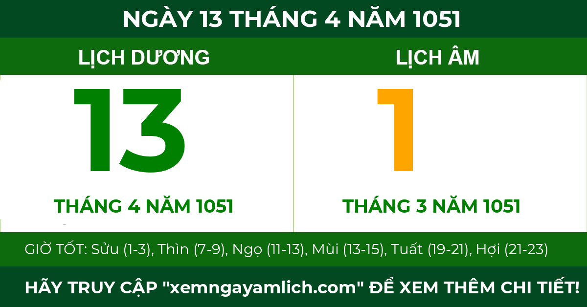 lịch âm ngày 13 tháng 4 năm 1051