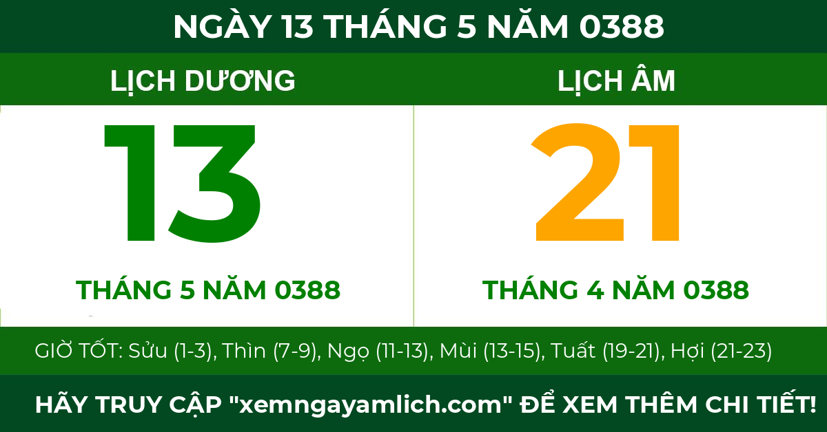 lịch âm ngày 13 tháng 5 năm 0388