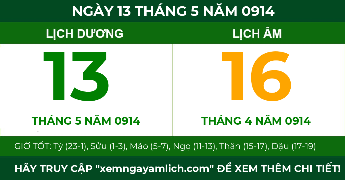 lịch âm ngày 13 tháng 5 năm 0914