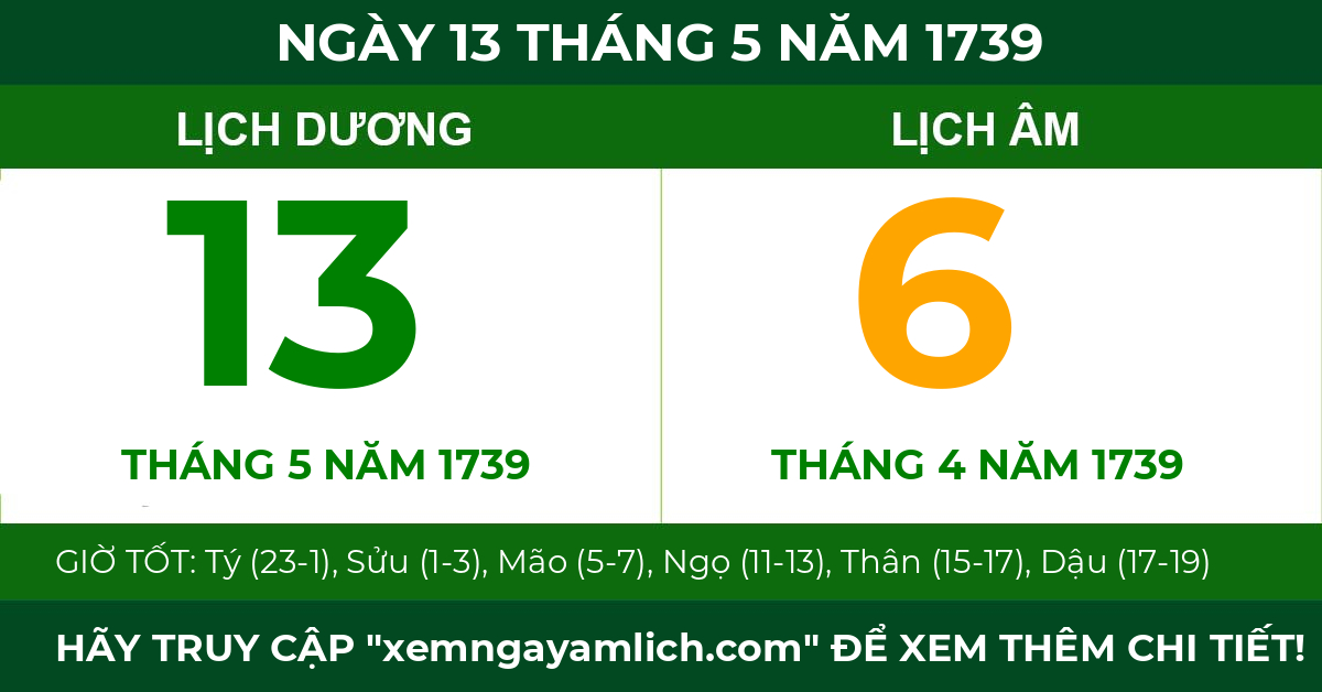 lịch âm ngày 13 tháng 5 năm 1739