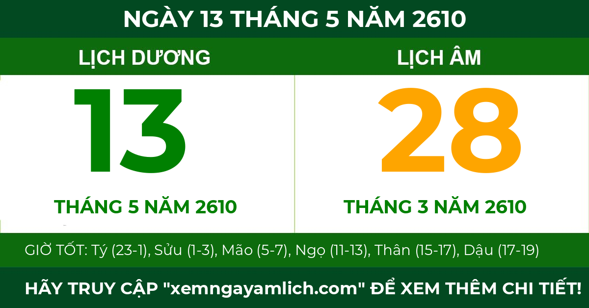 lịch âm ngày 13 tháng 5 năm 2610
