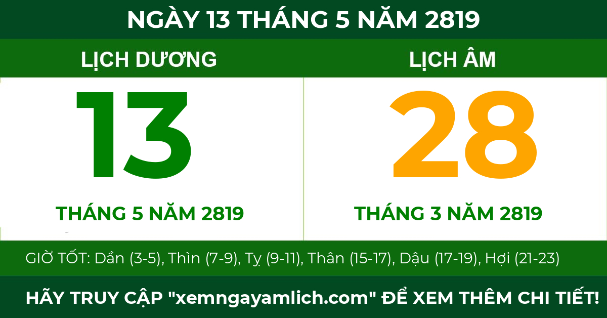 lịch âm ngày 13 tháng 5 năm 2819