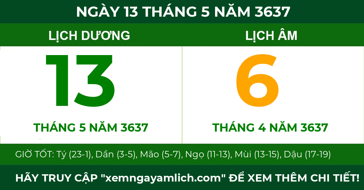 lịch âm ngày 13 tháng 5 năm 3637