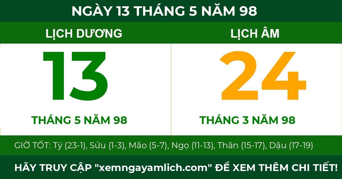 lịch âm ngày 13 tháng 5 năm 98