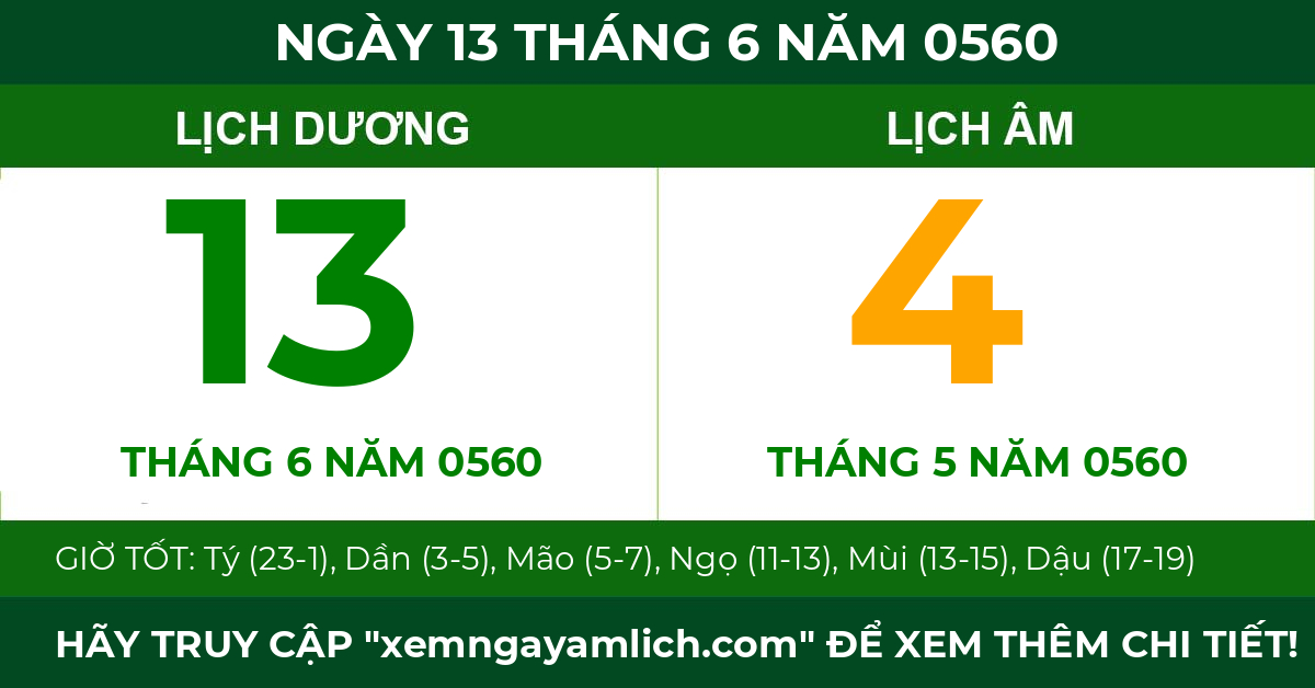 lịch âm ngày 13 tháng 6 năm 0560