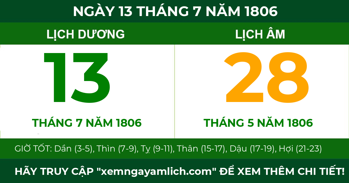 lịch âm ngày 13 tháng 7 năm 1806