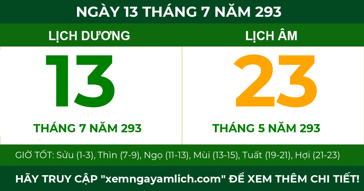 lịch âm ngày 13 tháng 7 năm 293
