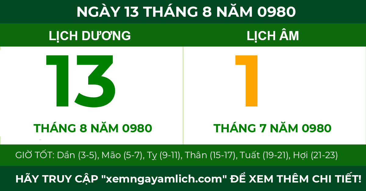 lịch âm ngày 13 tháng 8 năm 0980