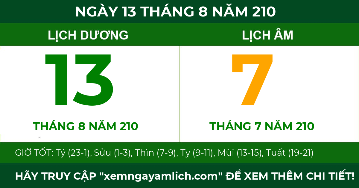 lịch âm ngày 13 tháng 8 năm 210