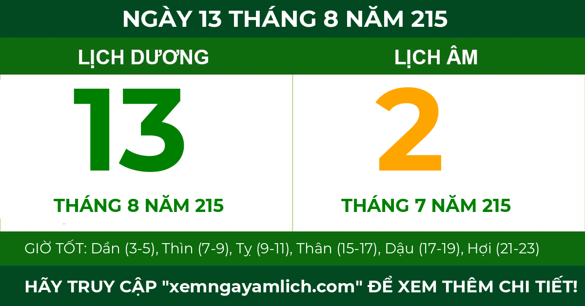 lịch âm ngày 13 tháng 8 năm 215