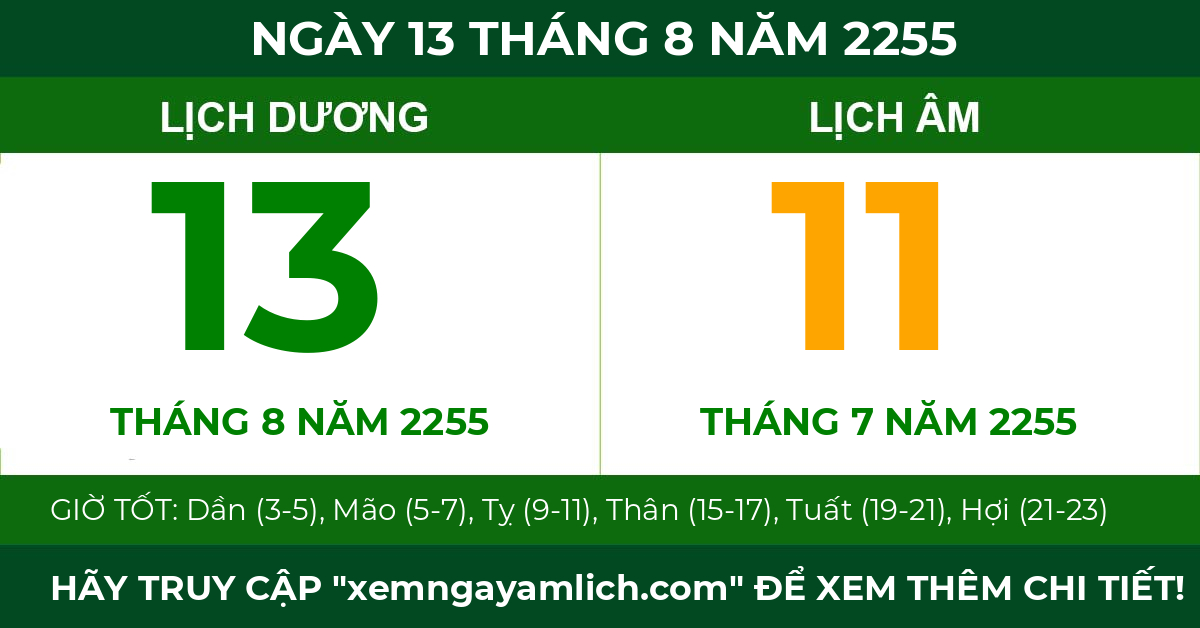 lịch âm ngày 13 tháng 8 năm 2255