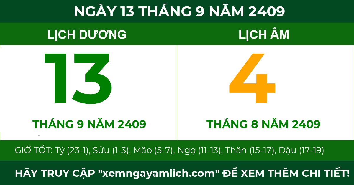 lịch âm ngày 13 tháng 9 năm 2409