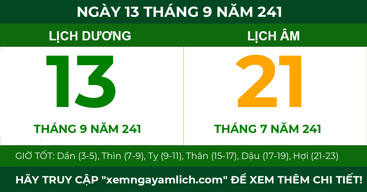 lịch âm ngày 13 tháng 9 năm 241