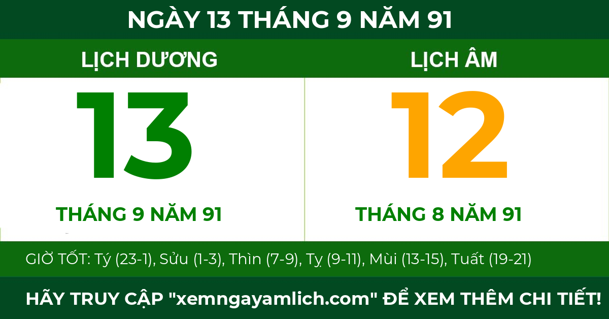lịch âm ngày 13 tháng 9 năm 91