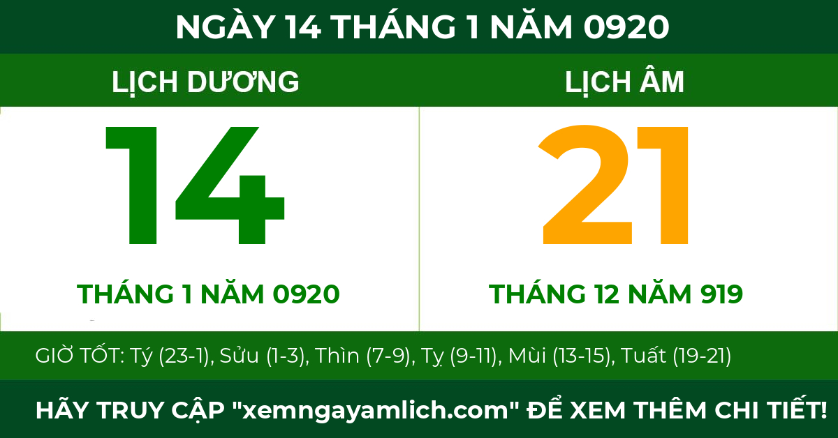 lịch âm ngày 14 tháng 1 năm 0920