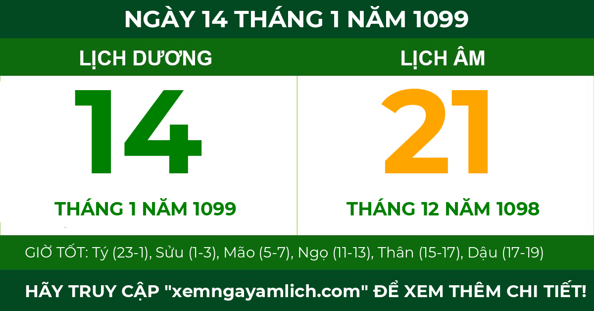 lịch âm ngày 14 tháng 1 năm 1099