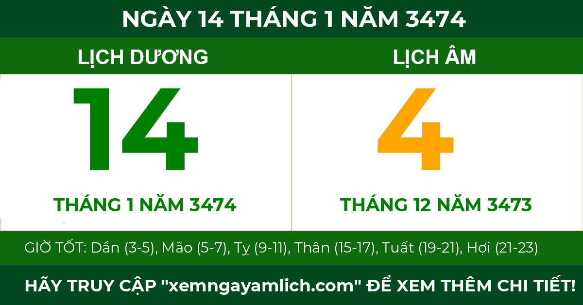 lịch âm ngày 14 tháng 1 năm 3474