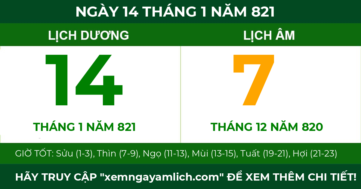 lịch âm ngày 14 tháng 1 năm 821