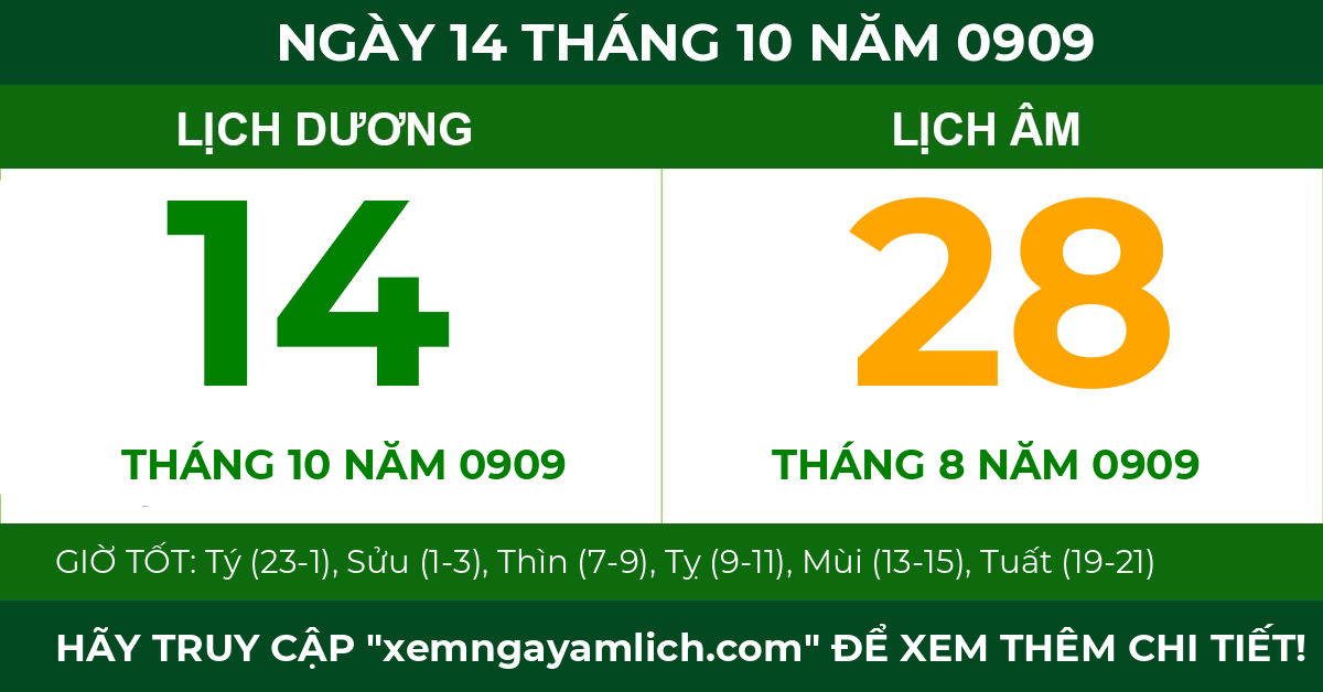 lịch âm ngày 14 tháng 10 năm 0909