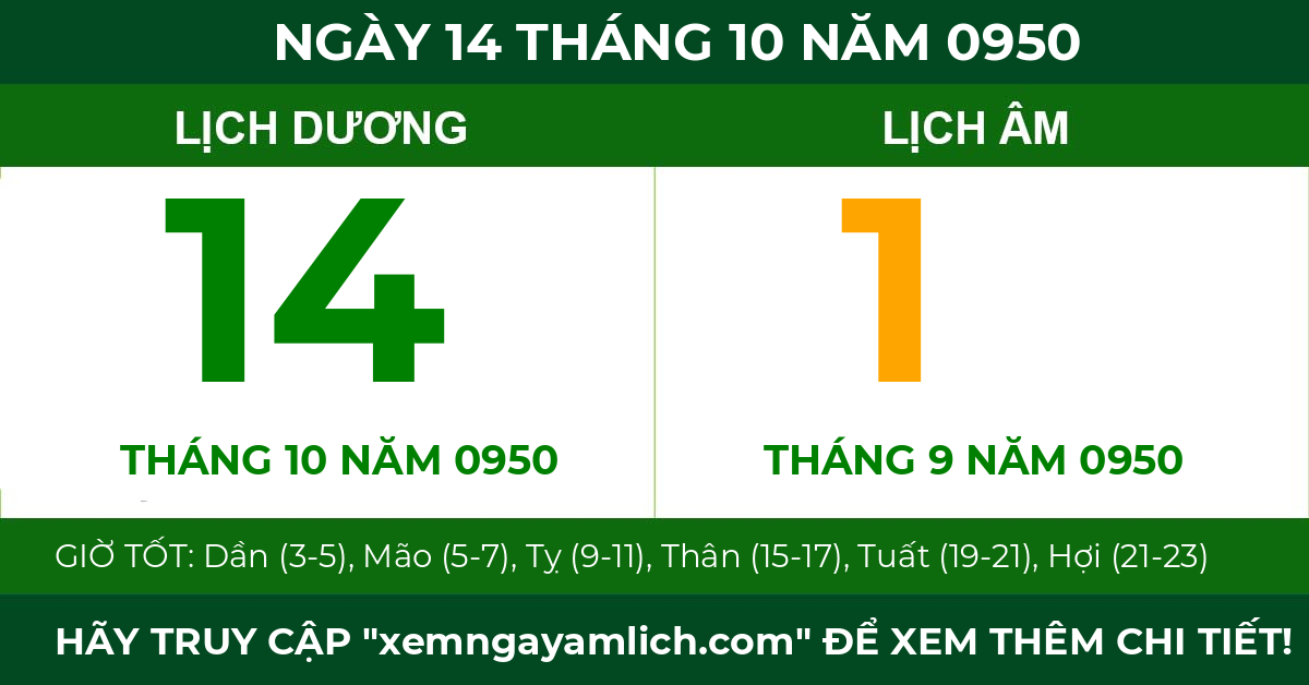 lịch âm ngày 14 tháng 10 năm 0950