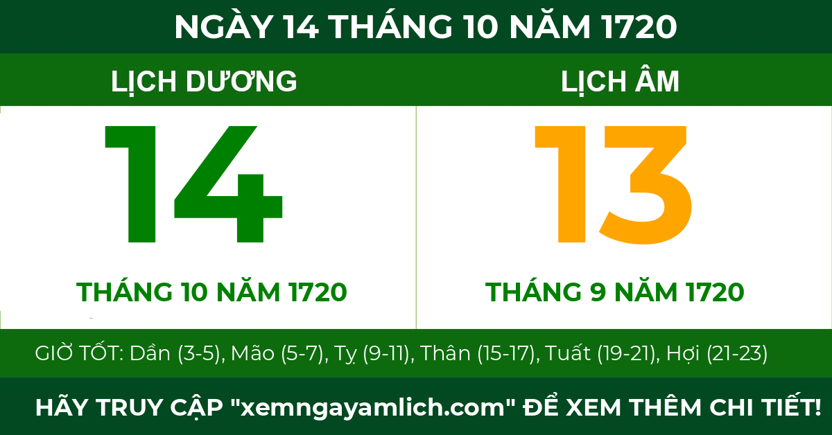 lịch âm ngày 14 tháng 10 năm 1720