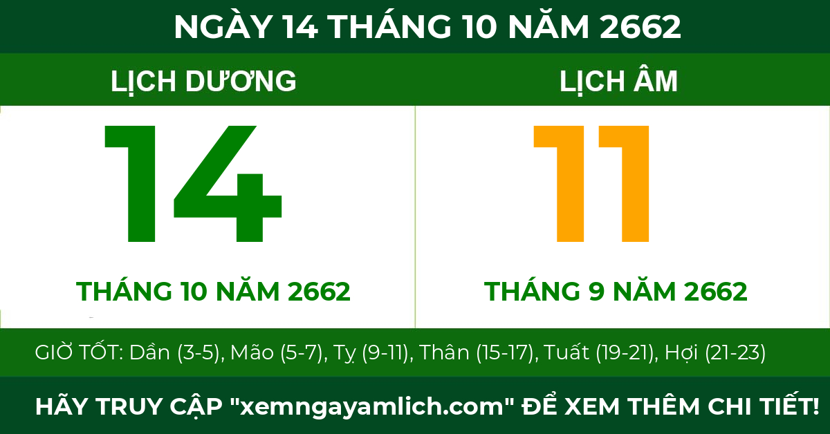 lịch âm ngày 14 tháng 10 năm 2662