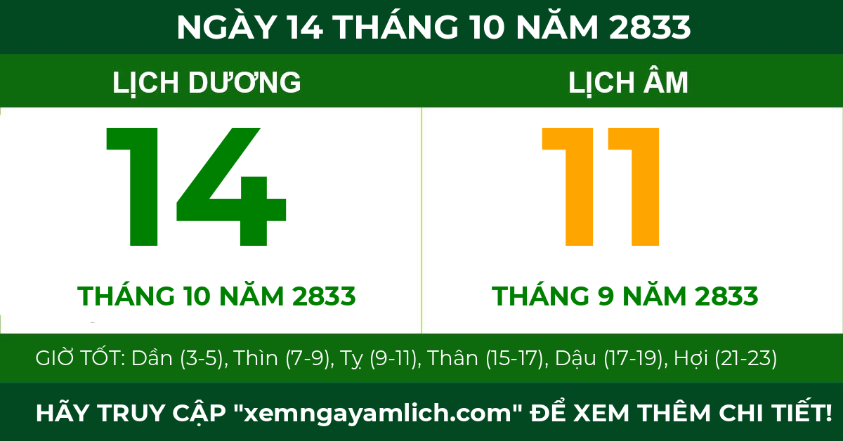 lịch âm ngày 14 tháng 10 năm 2833