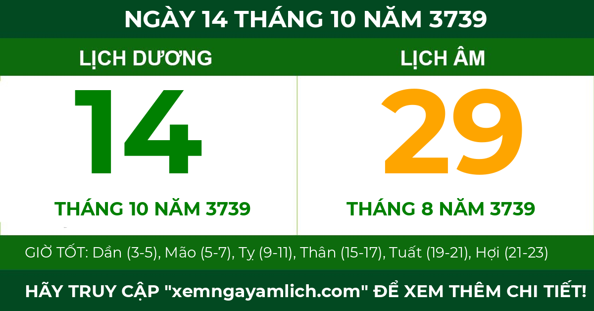 lịch âm ngày 14 tháng 10 năm 3739