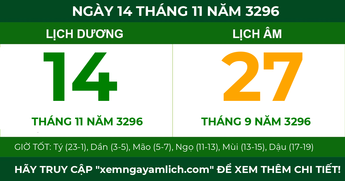 lịch âm ngày 14 tháng 11 năm 3296