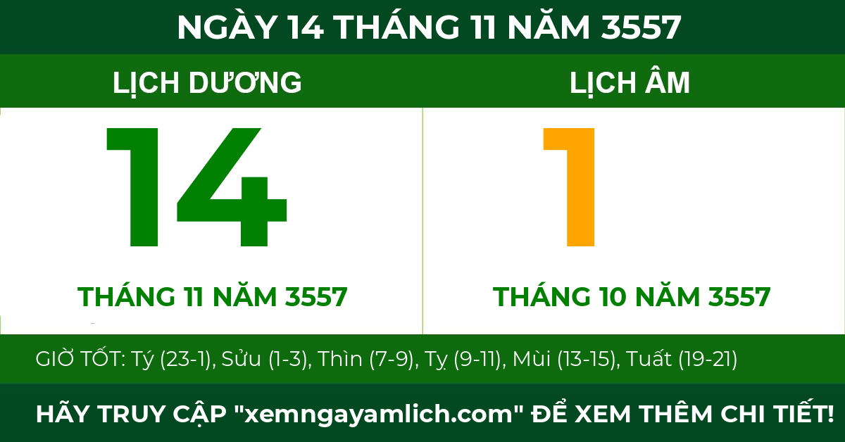 lịch âm ngày 14 tháng 11 năm 3557