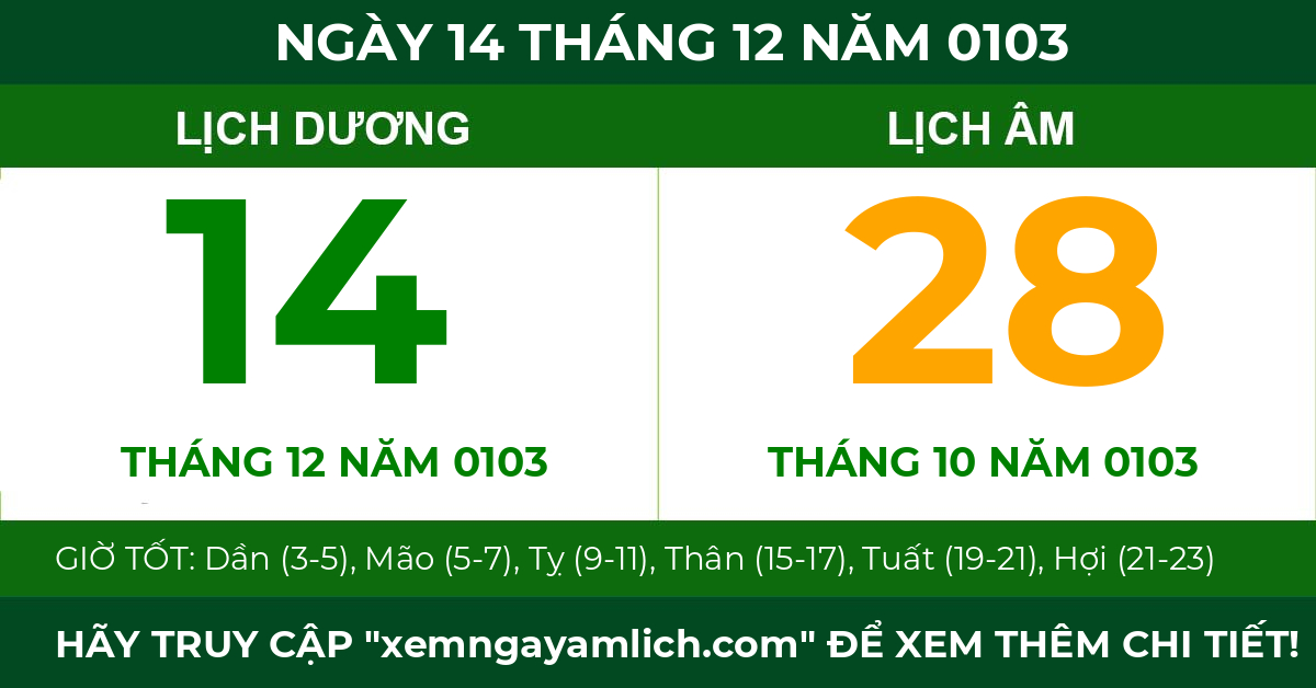 lịch âm ngày 14 tháng 12 năm 0103