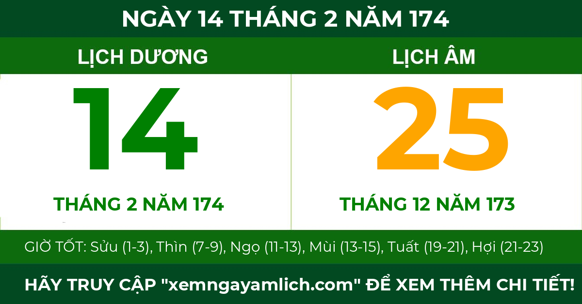 lịch âm ngày 14 tháng 2 năm 174