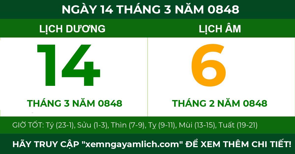 lịch âm ngày 14 tháng 3 năm 0848