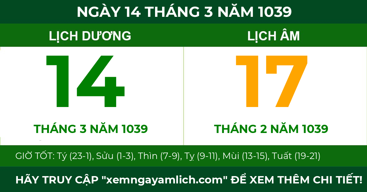lịch âm ngày 14 tháng 3 năm 1039