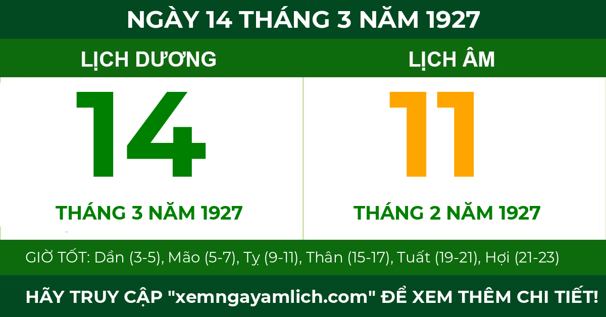 lịch âm ngày 14 tháng 3 năm 1927