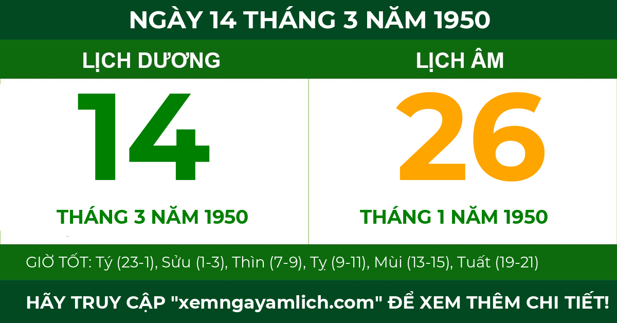 lịch âm ngày 14 tháng 3 năm 1950